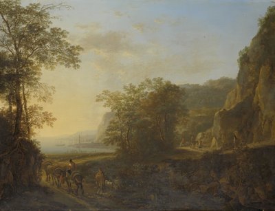 Italiaans landschap met uitzicht op een haven door Jan Dirksz Both